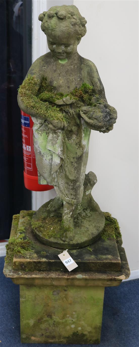 A weathered composition garden statue modelled as a girl carrying a basket of flowers, on a squared plinth H.4ft